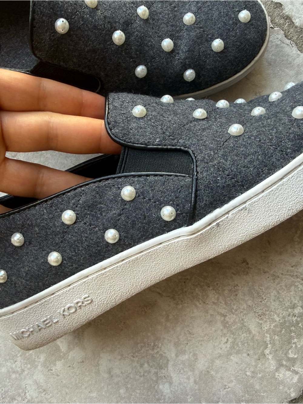 Michael Kors Charcoal Felt Pearl-Embellished Slip-On Sneakers
